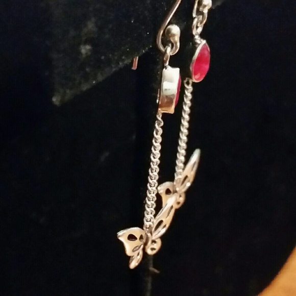 .925 Silver Butterfly & Ruby Hooks Earrings - Picture 2 of 4